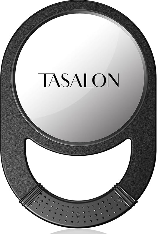 TASALON Unbreakable Hand Mirror, Salon & Barber Mirror with Handle - Anti-Slip Grip for Travel, Makeup, Shaving & Shower - Black