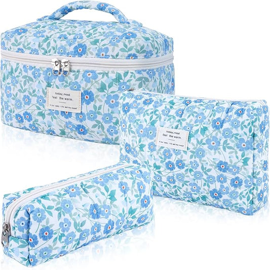 3Pcs Cotton Quilted Makeup Bag Set,Large Floral Cosmetic Bag，Aesthetic Toiletry Travel Makeup Bag Set and Cute Flower Bag for Women Girls (Blue Flower)