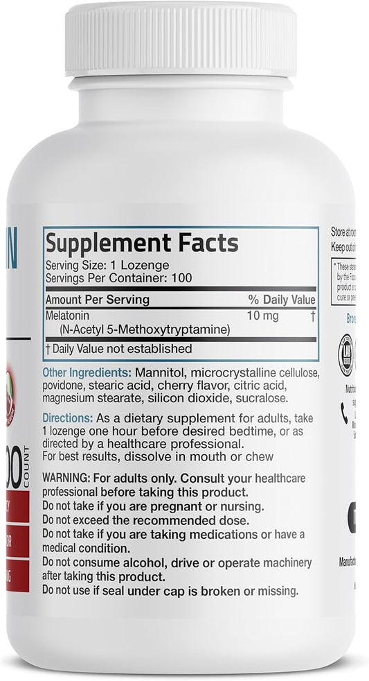 Bronson Melatonin 10mg Fast Dissolve Cherry Flavored Tablets Vegetarian Chewable Lozenges, 100 Count
