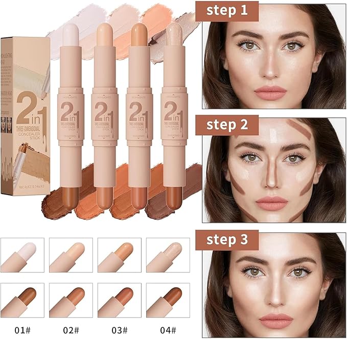 Dual-Ended Cream Contour Stick - Long-Lasting, Waterproof, Face Contour Makeup for All Skin Tones Highlighter Stick Easy to Blend, Achieve a Flawless Look (#01 Light Beige+Light Brown, A)