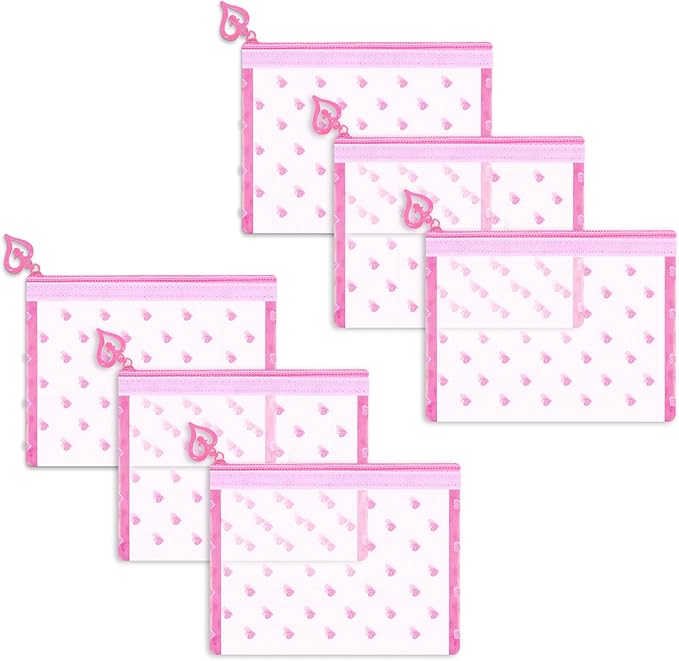 6 Pack Mini Zipper Mesh Makeup Bags, Heart Print Nylon Cosmetic Bags Toiletry Bags for Office Travel Organization (Pink, XS)