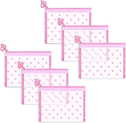 6 Pack Mini Zipper Mesh Makeup Bags, Heart Print Nylon Cosmetic Bags Toiletry Bags for Office Travel Organization (Pink, XS)