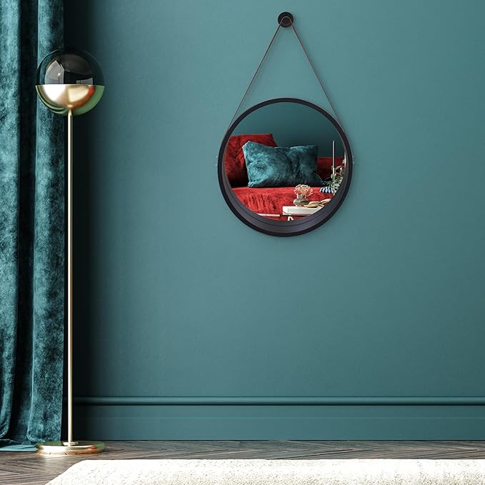 Americanflat 20" Round Mirror with Strap - Hanging Mirrors with Durable Frame - Modern Mirror for Bathroom, Bedroom, Living Room - Mirrors for Wall Display and Home Decor - Black