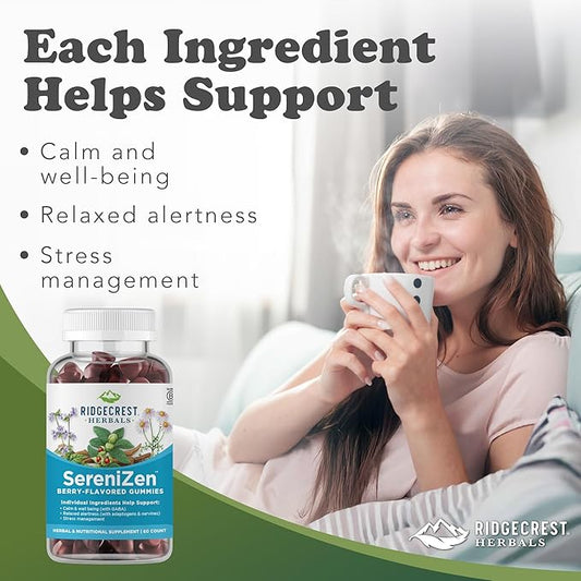 RidgeCrest Herbals SereniZen Gummies with Ashwagandha, GABA, L-Theanine, Chamomile & Lemon Balm, Supports Relaxation & Calm, Stress Management, Sleep. Daily Health Supplement, 60 Ct, 1-2 Month Supply