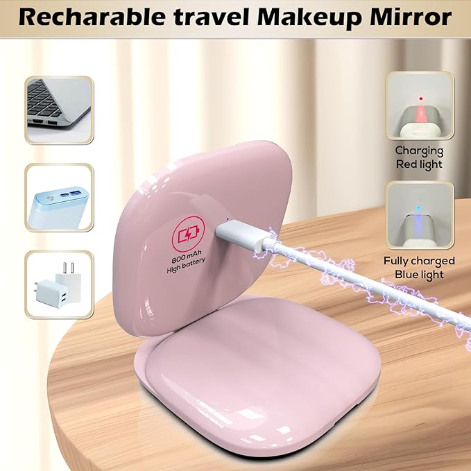 Adjustable Brightness Compact Mirror, Lighted Travel Mirror with 1X/10X Magnifying,Double Sided,Mini Dimmable Portable for Handbag and Pocket, USB C Charging,for Girls Women(Pink)