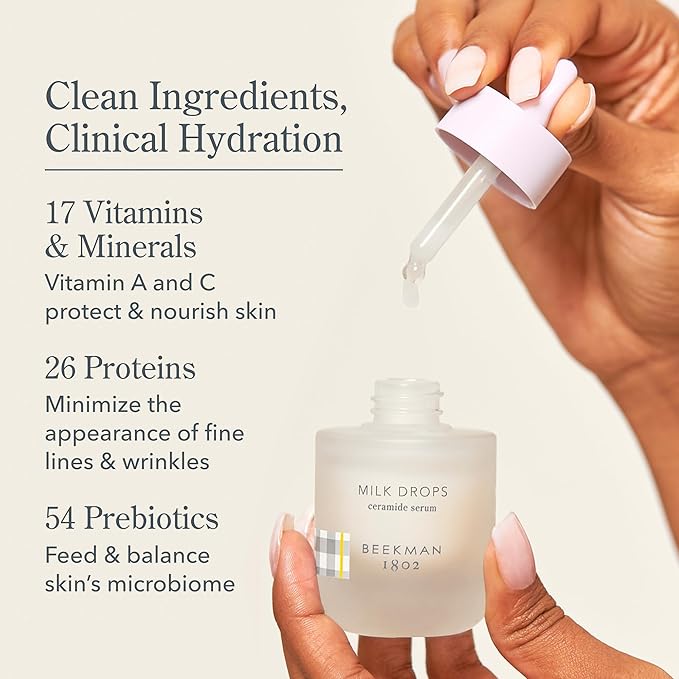 Beekman 1802 Milk Drops Ceramide Facial Serum - Squalane Oil, Hyaluronic Acid & Goat Milk Face Moisturizer - Boosts Skin Radiance & Hydrates Deeply - Fragrance Free, Cruelty Free