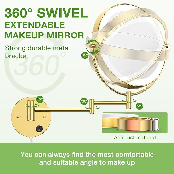Anfauny 9 Inch Wall Mounted Lighted Makeup Mirror, Double Sided 1X/10X Magnifying LED Vanity Mirror with 3 Color Lights & Stepless Dimming, 360°Swivel Extendable Bathroom Cosmetic Mirror-Gold