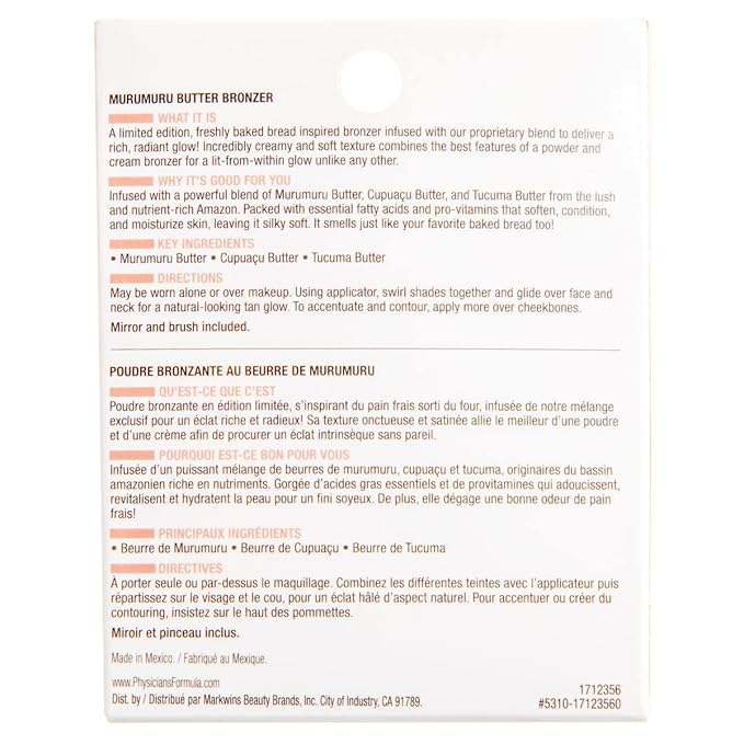 Physicians Formula Murumuru Bread & Butter Bronzer Toasty, Nourishing Blend for Luminous Finish, Dermatologist Tested, Hypoallergenic, Vegan & Cruelty-Free