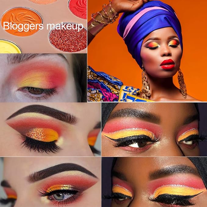 Afflano Red Orange Eyeshadow Palette Sunset 15 Color, Highly Pigmented Glam Fall Eye Shadow Makeup Palettes, Nudetude Brown Yellow Gold Orange Matte Glitter Shimmer Warm Eyeshadow Pallet