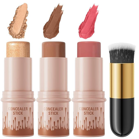 3Pcs Cream Contour Sticks Kit, Highlighter Stick Blush Stick Cream Contour Kit Makeup Set with Brush,Face Brightens & Shades Contour Stick Waterproof for Women Girls(9507-03-06-11, B)