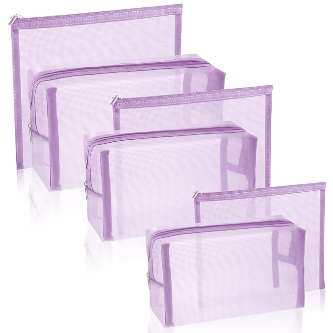 Boao 6 Pieces Mesh Makeup Bags Mesh Cosmetic Bag Portable Travel Organizing Zipper Pouch Toiletries Makeup Pouches for Home Office Travel Accessories (Light Purple)