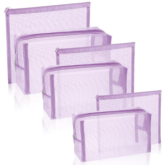 Boao 6 Pieces Mesh Makeup Bags Mesh Cosmetic Bag Portable Travel Organizing Zipper Pouch Toiletries Makeup Pouches for Home Office Travel Accessories (Light Purple)