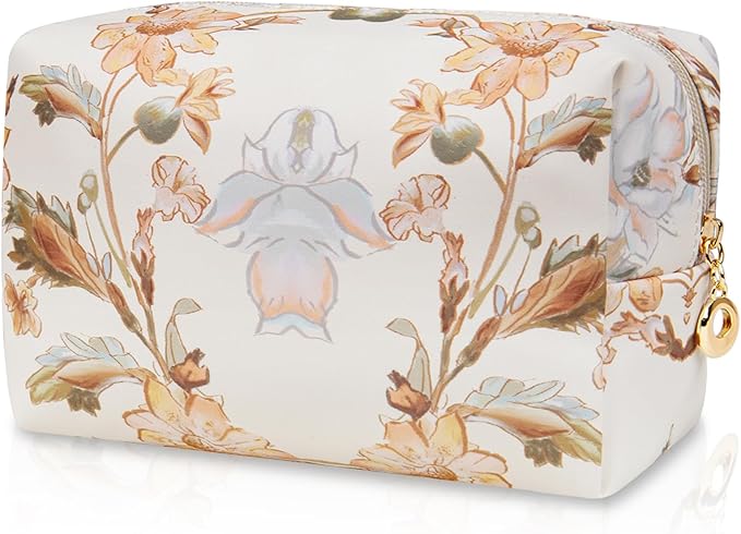 Makeup Bags for Women, Small Leather Cosmetic Bag for Purse, Floral Waterproof Make up Pouch Organizer, Zipper Portable Storage Travel Toiletry Bag Gifts(Apricot Flower)