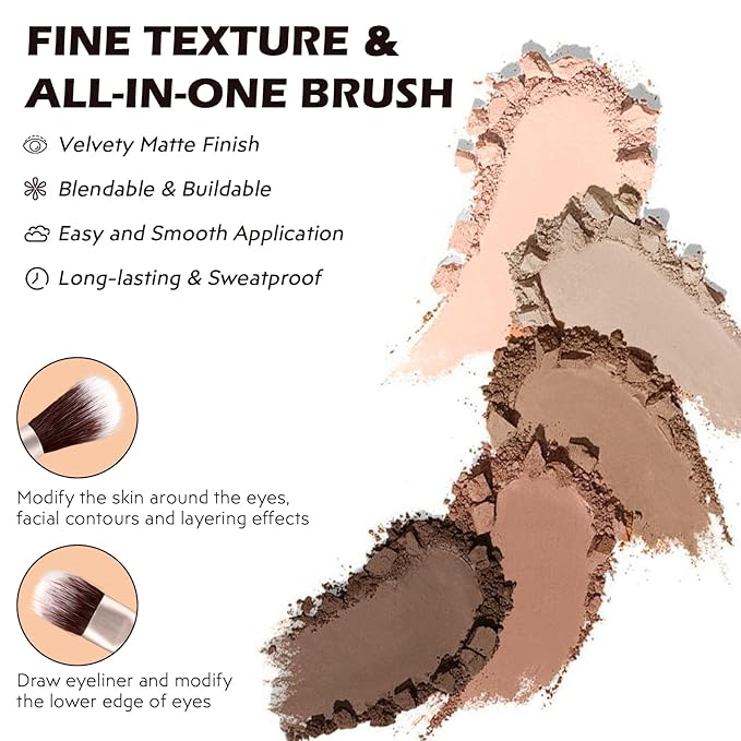 5 Colors Matte Eyeshadow Palette with Brush - Neutral Nude Taupe Brown Eye Shadow Palette Makeup, Natural Waterproof Cool-Toned Eyeshadow for Green & Blue & Brown Eyes and Smokey Makeup, 02#