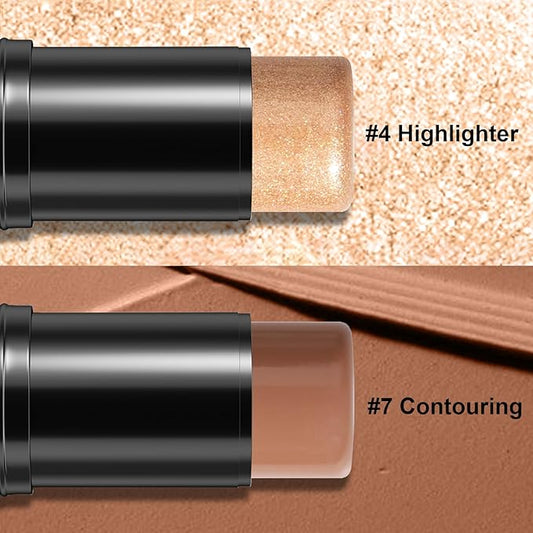 2Pcs Cream Contour Stick Makeup Kit, Cream Highlighter Stick and Bronzer Contour Stick with Longwear Waterproof Formula for Brightening and Trimming the Cheeks, Makeup Brush Include (#04, 07)
