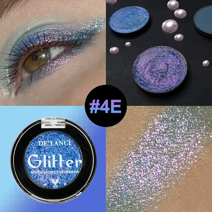 Afflano Holographic Glitter Eyeshadow - Color Change Multichrome Silver Blue Shimmer Metallic Eye Makeup, Sparkling Pigment Chameleon Duo Chrome for Blue Eyes