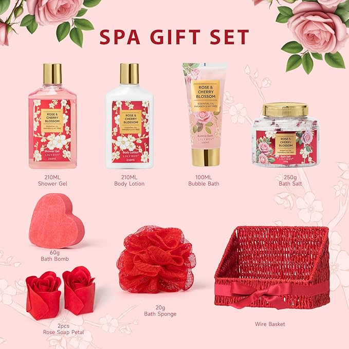Bath and Body Gift Basket Set for Mothers Day - 9 Pcs Luxury Rose Spa Gift Basket Set for Women, Gift with Bath Bomb | Perfect Valentine's, Birthday, Christmas Gifts for Her, Gift for Mom All Occasion