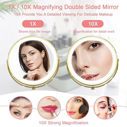 8" Gold Makeup Mirror with Lights - 10X Magnifying Vanity Mirror, 3 Color LED, Adjustable Brightness, 360° Swivel, Rechargeable - Desk/Bathroom Mirror (Gold)