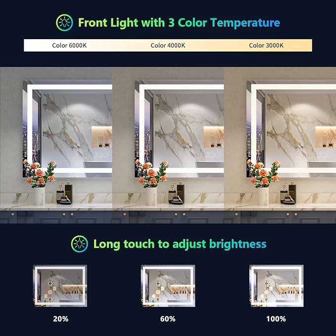 24x32 Inch RGB LED Bathroom Mirror Front Light and RGB Backlit Lighted Vanity Mirror for Bathroom Wall Mounted Dimmable Anti Fog Memory Shatter-Proof IP54 Waterproof Horizontal/Vertical