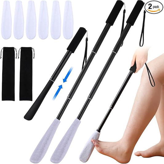 Sunnyray 2 Set Toe Cleaning Brush with Reusable Drying Covers Foot Cleaner with Telescopic Aluminum Alloy 12-24 Inch Long Handled Toe Lotion Applicator for Seniors Elderly Disabled Men and Women