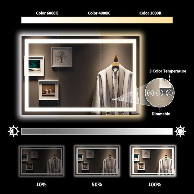 48x32 Inch LED Bathroom Mirror with Lights Front and Backlit Lighted Vanity Mirror for Bathroom Wall with 3 Colors Dimmable Anti-Fog Memory Shatter-Proof IP54 Waterproof Horizontal/Vertical