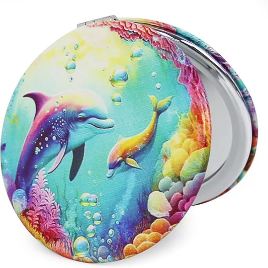 Cheap Small Compact Mirror, Round 2.8” Metal Frame PU MarineAnimal Style Double Sided Mini Magnifying 1X/3X Mirror for Purse Compact Travel Mirror (MarineAnimal01)