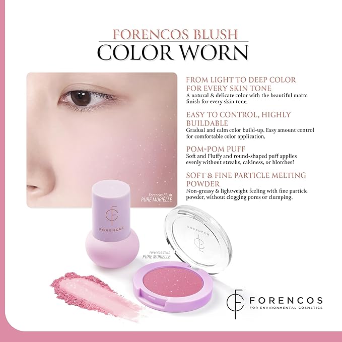 FORENCOS Matte Blush Set (Puff Included), Glitter Long Lasting Korean Blush Power, Zero Sebum Shine, Flawless Finish, Easy Blending, Lightweight & No Cakey Residue, Glitter (PURE MURIELLE)