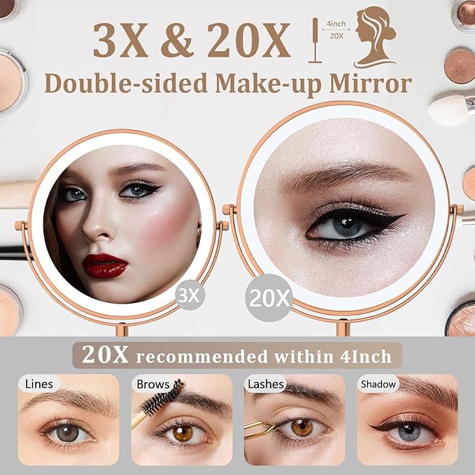 9in Vanity Mirror with Lights, Rechargeable&Dimming Lighted Makeup Mirror, 3X/20X Double Sided Magnifying Mirror,5000mAh,360 Rotate,3 Color Lights,Brightness with 80 LED,No Height Adjustment,RoseGold