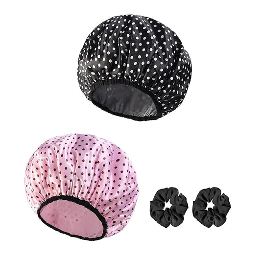2-Pack Reusable Waterproof Shower Caps for Women, Double-Layer Elastic Bath hat,Extra Large Hair Cap for Long Curly Hair（Black, Pink）