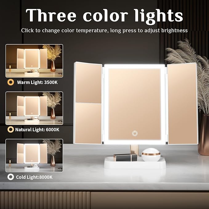 3- Folding Makeup Mirror, 76 lamp Beads, 3 Adjustable Color Modes,Long Press The Touch Button to Adjust The brightness1%-100%, 1x / 2X / 3X Magnification (1, Triplex Mirror Ivory White)