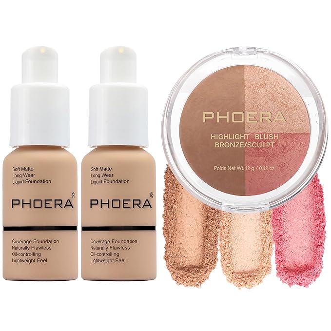 PHOERA Foundation, PHOERA Contour Palette,Shades with Highlighter & Bronzer & Blush,PHOERA Makeup Long Lasting Wrinkles Matte Natural Finish (104+104+ #002 Contour/Buff Beige+Buff Beige+#002)