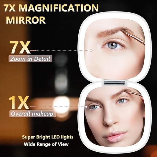 Travel Mirror with Light, 1X/7X Magnifying Mirror, 4 Inch LED Lighted Rechargeable Compact Makeup Mirror, 3 Colors Dimmable Light Up Portable Pocket Mirror for Handbag (Rose Gold 7X)