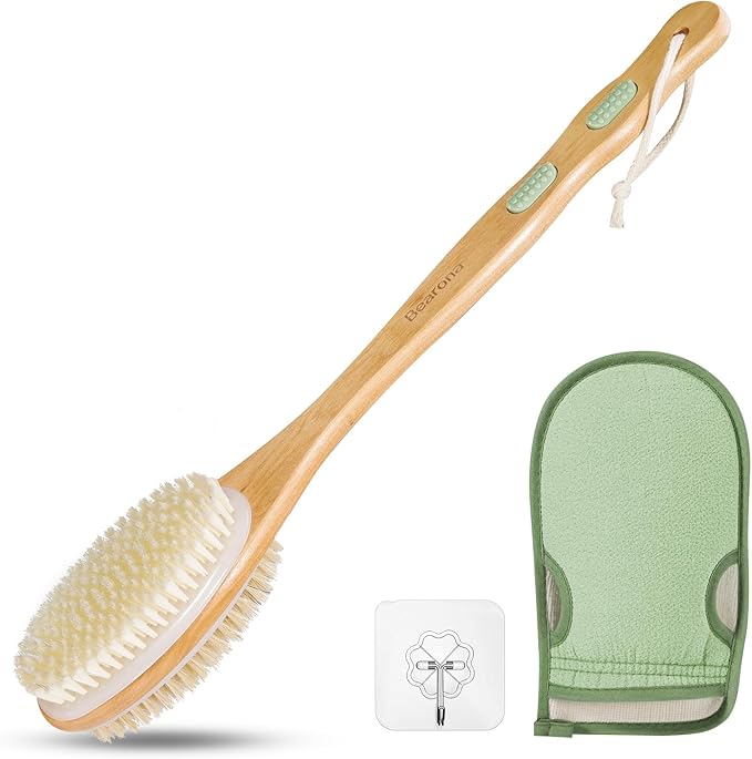 Bearona Body Brush with Exfoliating Mitt Set,Dual-Sided Long Handle with Soft and Stiff Natural Bristles, Shower Scrub for Dead Skin Removal,Body Exfoliator for Bath or Dry Brush