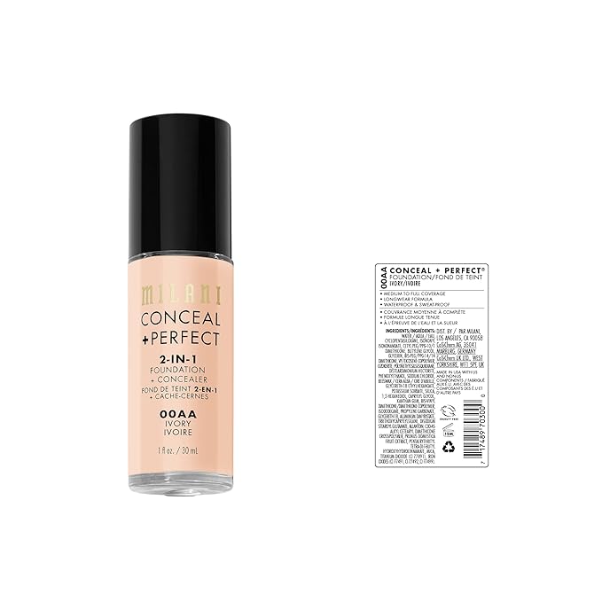 Milani Conceal + Perfect 2-in-1 Foundation + Concealer - Ivory (1 Fl. Oz.) Cruelty-Free Liquid Foundation - Cover Under-Eye Circles, Blemishes & Skin Discoloration for a Flawless Complexion