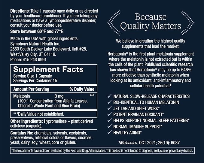 3mg - The First Natural Plant Melatonin Adult Sleep Aid, Circadian Rhythm Support for Jet Lag, Shift Work, General Sleeplessness - 120 Pure Vegan Capsules (120 Day Supply)