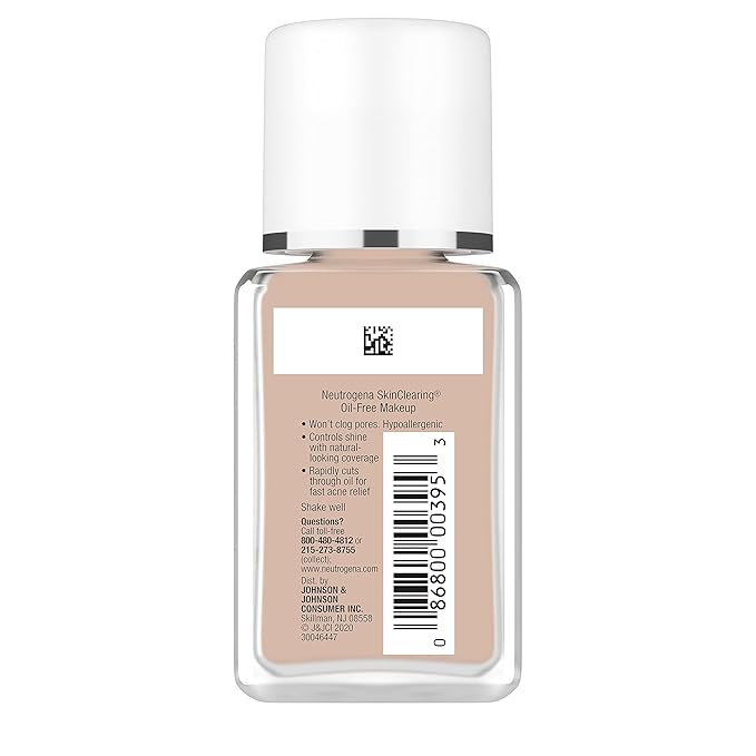 Neutrogena SkinClearing Oil-Free Acne and Blemish Fighting Liquid Foundation with.5% Salicylic Acid Acne Medicine, Shine Controlling Makeup for Acne Prone Skin, 20 Natural Ivory, 1 fl. oz