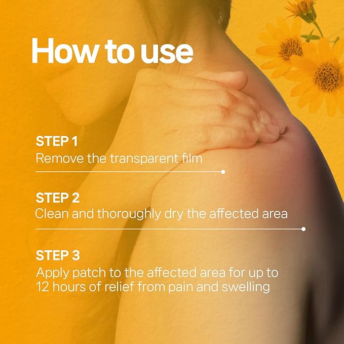 Arnica Hydrogel Pain Relief Patches | Natural Relief for Muscle, Joint, Bruises & Swelling | Flexible, Non-Greasy & Long-Lasting | Great for Back, Knee & Neck Pain (3.9"x4.7", 5, Count)