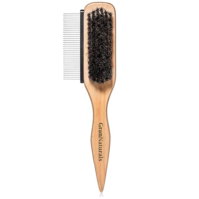 GranNaturals Boar Bristle Slick Back Hair Brush w/Comb for Smoothing Sleek Ponytail Bun - Wide Rat Tail & Metal Comb Hairbrush for Parting, Teasing, Backcombing, Sectioning, Edge Control, Flyaways