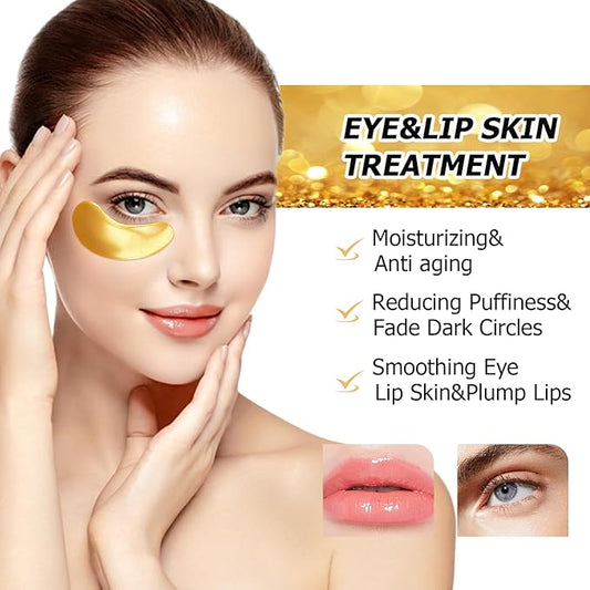 40 Pairs Pink Lip Masks & Eye Masks, 24K Gold Gel Collagen Eye Patches for Puffy Eyes, Dark Circles, Wrinkles and Eye Bags, Moisturizing Crystal Mask Set for Women Men