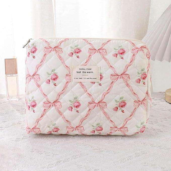 3 Pcs Quilted Makeup Bag Set,Coquette Bow Make up Bag,Cute Floral Makeup Bags Large Toiletry Cosmetic Bag Organizer for Women Girls (H-3PCS)