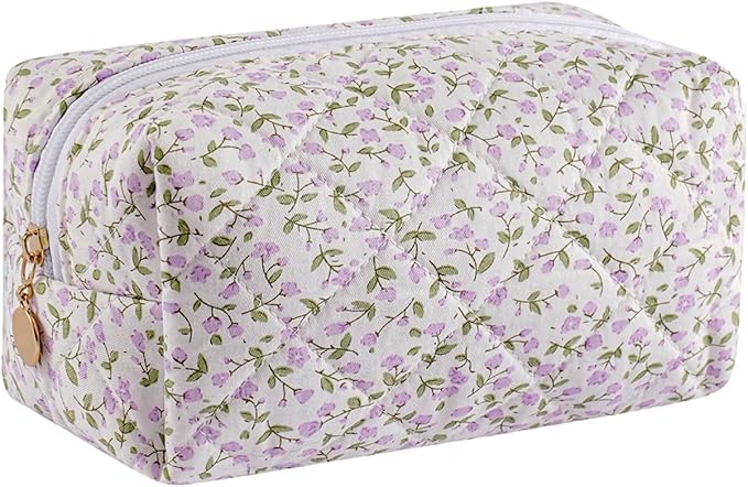 Gleyemor Small Quilted Makeup Bag for Women, Cute Floral Bow Cosmetic Bag, Emergency Bag Travel Toiletry Cotton Pouch Gifts for Girls Her Mom Friend Sister Bridesmaid (Purple Small Flower)