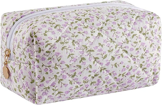 Gleyemor Small Quilted Makeup Bag for Women, Cute Floral Bow Cosmetic Bag, Emergency Bag Travel Toiletry Cotton Pouch Gifts for Girls Her Mom Friend Sister Bridesmaid (Purple Small Flower)