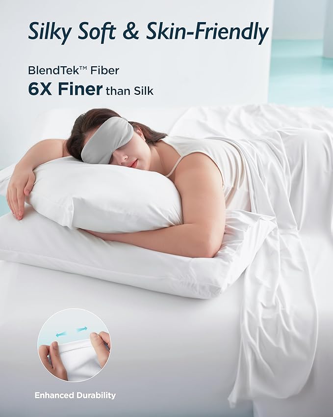 Breescape Cooling Sheet Set Cal King Size - BlendTek™ Dry & Cool Technology for Hot Sleepers and Night Sweats, Q-Max>0.46 Tech, Deep Pocket Up to 18", 360° Elastic Band, Snow White