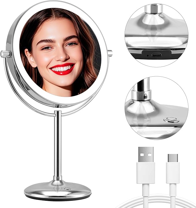 9" Makeup Mirror with Lights: 1X/15X Lighted Makeup Mirror with Magnification, True HD Magnifying Mirror with 3 Color Lights, 360°Rotation Double Sided Desk Mirror, Base Charging & Touch Switch,Chrome