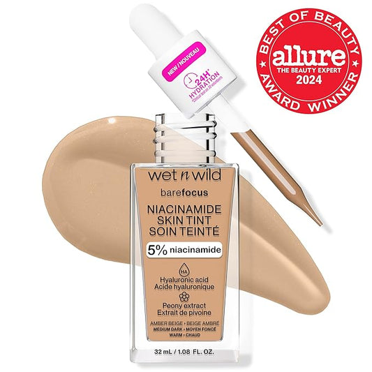 wet n wild Bare Focus Skin Tint, 5% Niacinamide Enriched, Buildable Sheer Lightweight Coverage, Natural Radiant Finish, Hyaluronic & Vitamin Hydration Boost, Cruelty-Free & Vegan - Amber Beige