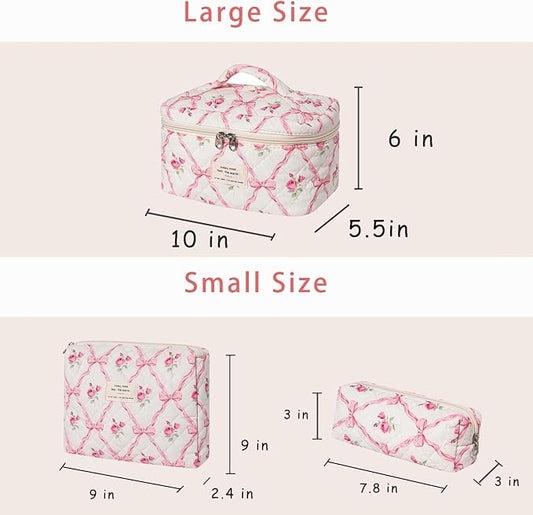 uekeboag Large Travel Quilted Makeup Bag for Women, Floral Cotton Cosmetic Bag, Coquette Aesthetic Floral Toiletry Organizer Bag