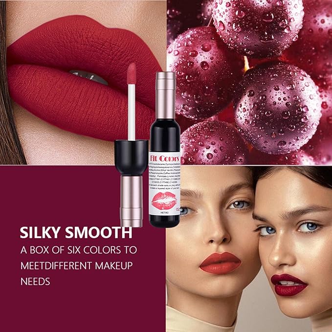 BONNIE CHOICE 6 Colors Wine Bottle Lip Tint Stain Set, Waterproof Long Lasting 24 Hour Wine Bottle Red Matte Lip Stain Non-stick Cup Lip Gloss Matte Liquid Lipstick Mini Makeup Set for Women