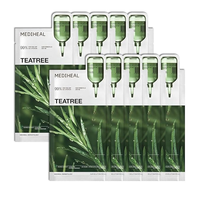 Mediheal Teatree Essential Sheet Mask Calming Moisture 10 pcs. 99% Pure Teatree & Teatree 7X for intensive soothing and hydration. Suitable for acne-prone skin. Vegan formula.