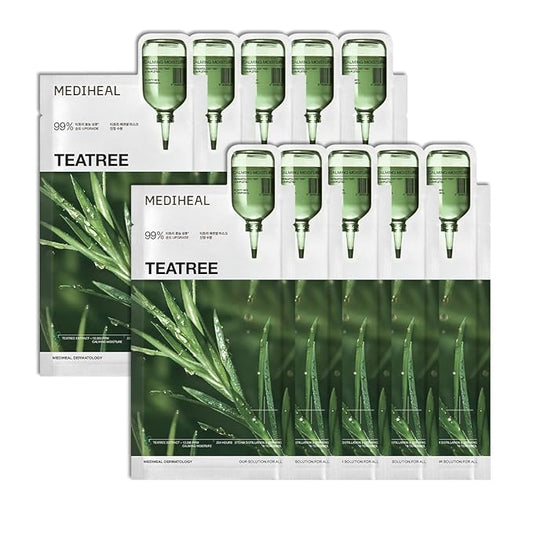 Mediheal Teatree Essential Sheet Mask Calming Moisture 10 pcs. 99% Pure Teatree & Teatree 7X for intensive soothing and hydration. Suitable for acne-prone skin. Vegan formula.