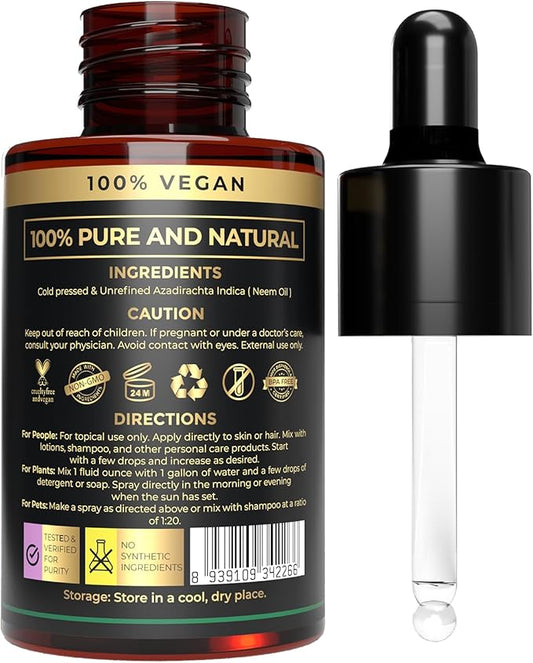 100% Pure and Natural Cold Pressed Neem Oil | Skin & Hair Care & Soap Making | Multi-Purpose Moisturizing and Hydrating Carrier Oil